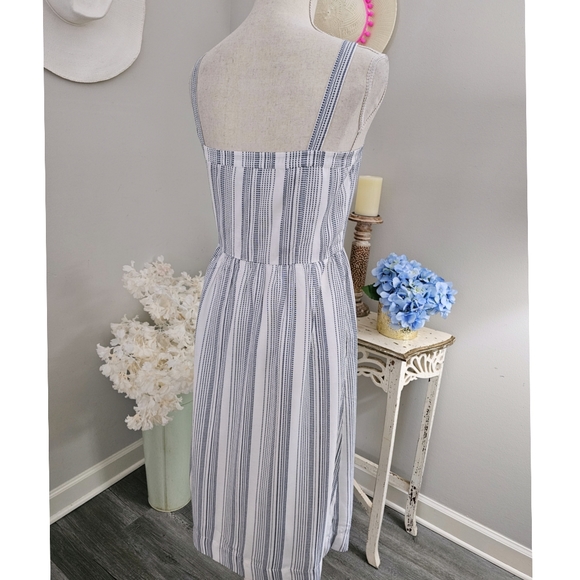 Girly Loft White Blue Striped Fit Waist Front Button Strapy Dress - Picture 2 of 8